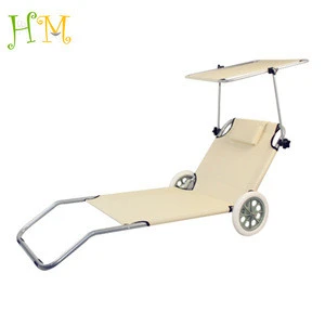 Folding Portable Beach Bed Chair With Wheels With Sun Canopy Metal Frame With 600D Oxford Fabric