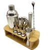 High Quality Barware Set Stainless Steel Cocktail Shaker Set With Bamboo Wood Stand