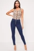 High quality elastic waist stretch jeans dark blue skinny denim wholesale