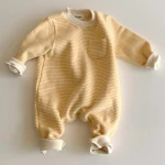 Hot sale korean style pinstripe baby romper print fleece thickened baby clothes new born baby's rompers jumpsuit