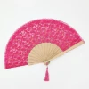 Hot sale Pink lace wood foldable fan nature wooden art craft painted hand fan for women wedding