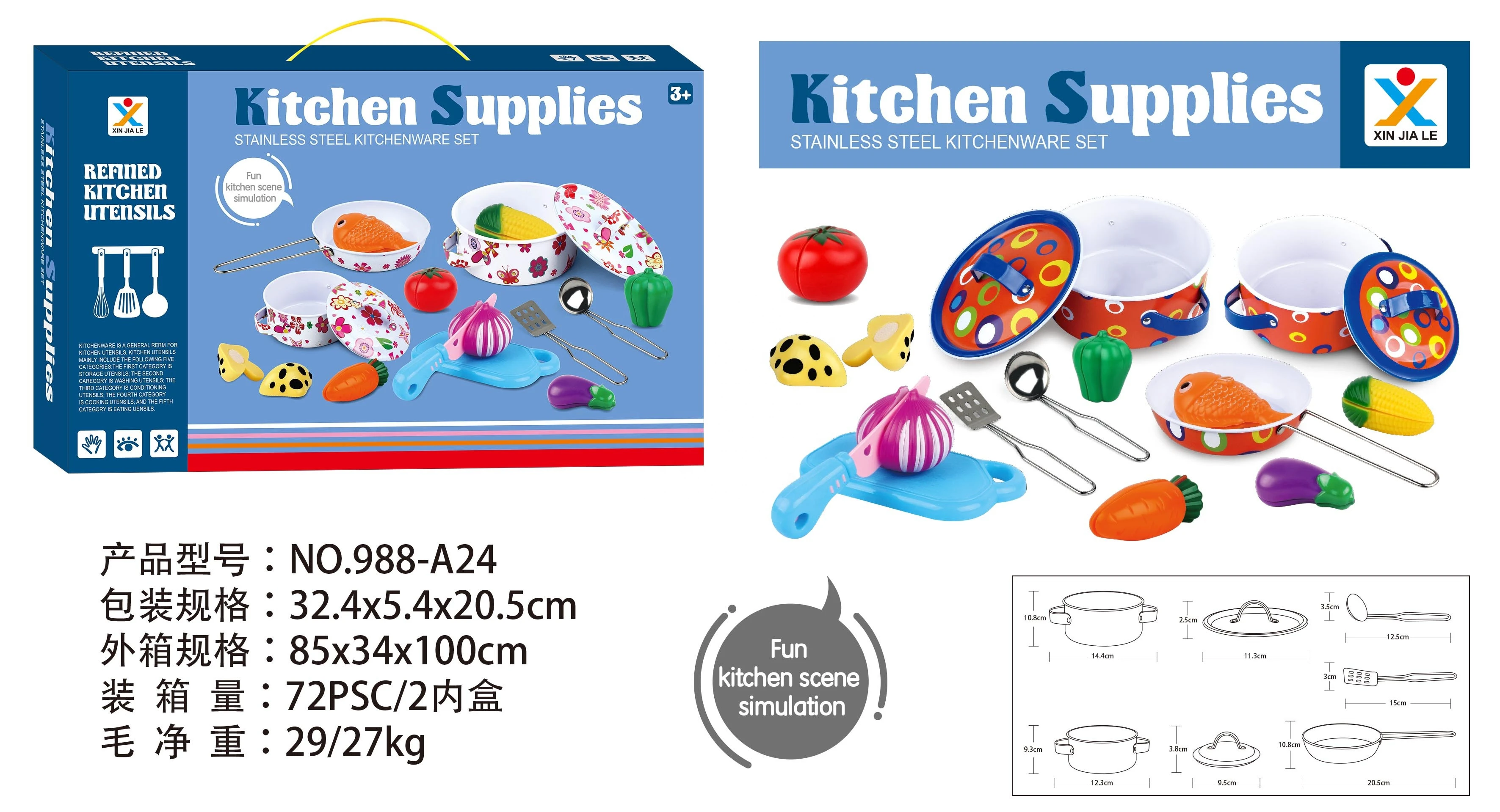 Interactive Tableware Realistic Metal Cooking Stainless Steel Kitchen Set Toy With Vegetable Toys