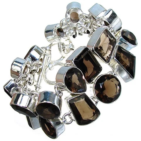 Jewelry Manufacturer .925 Sterling Silver Faceted Free Size Smoky Quartz Gemstone Bracelet