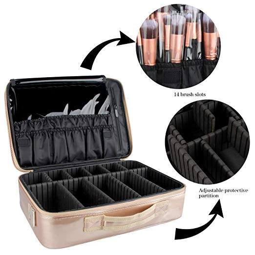 Makeup Case Professional Cosmetic Train Case Organizer with Adjustable Dividers
