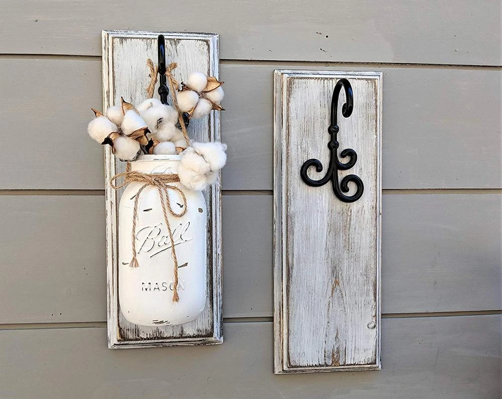 Mason Jar Hanging Wood Sconce Rustic Gift Wall Decor Farmhouse Style Set of 2 Painted
