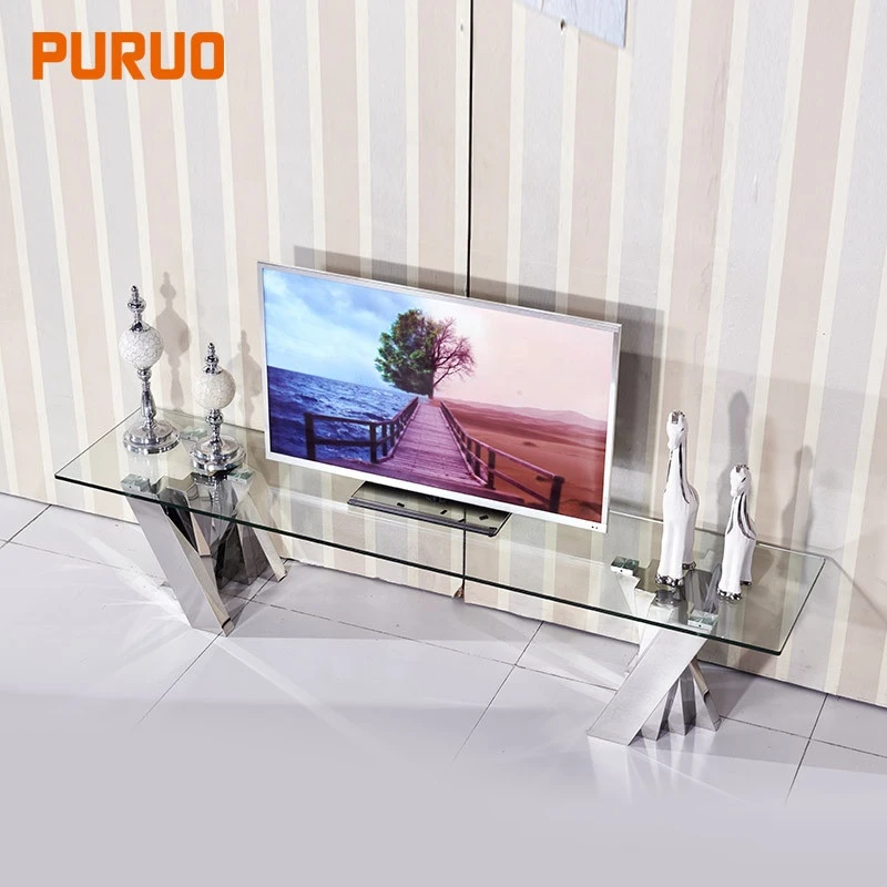 Metal stainless steel l shaped tempering glass table top TV stand cabinet