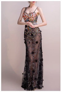 MIGO 2018 new style strap black sexy see through mesh colorful flower elegant bride maxi evening dress for women wedding party