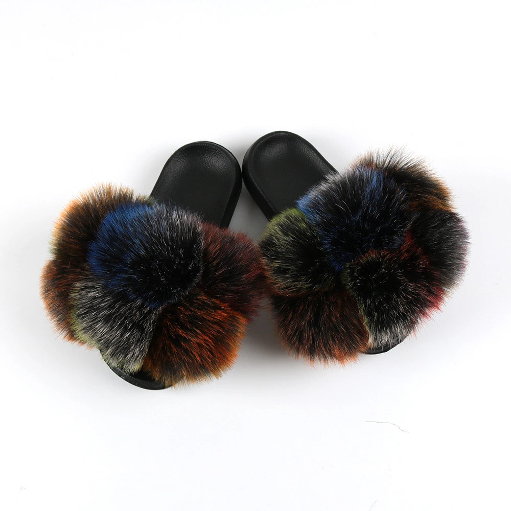 Mix Color Wholesale Fake Fur Pom Pom Slippers Color Bottom Fur Slides For Women Faux Fur Slippers