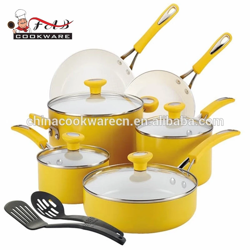 New design aluminum 12PCS pressed cookware pot set Free oil and Eco-friendly ceramic cookware sets with SS handle and silicone