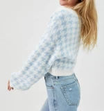 New Model Custom Fuzzy Knit Cardigan Women Outfit Jumper Jacquard Logo Pattern Long Sleeve V Neck Sweaters