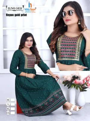 New Trendy Design Emerald Elegance: Green Rayon Kurti & Dress Set of 4 Pieces from Indian Supplier at Bulk Price