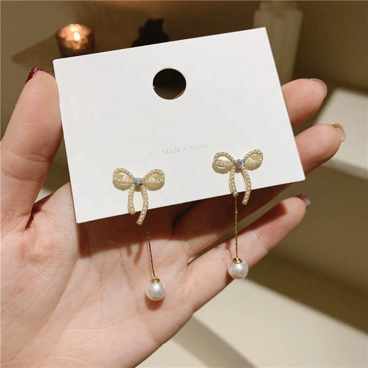 Noble Bow knot White Pearl Stud Earring Imitation Pearl Long Dangle Earrings Elegant Wedding Jewelry Drop Earring