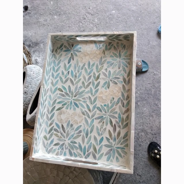Retangular seashell tray with blue leaf detail,  vintage design tray collection now on sale