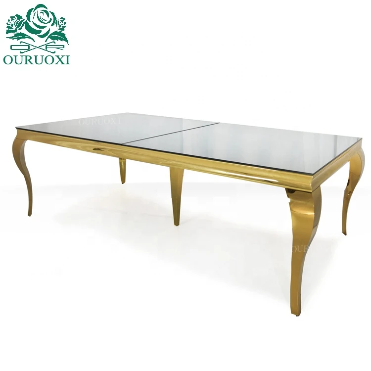 Romantic metal frame glass top rectangle stainless steel furniture for wedding table