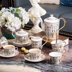 Russian  Custom 8 Pieces Classical Rose Fine Bone China Royal Tea Pot And Cups Sets