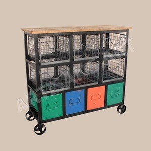 Rustic Industrial Storage Bucket Cabinet , Vintage Metal Basket Rack on Wheels, Industrial  Home Storage &amp; Organization