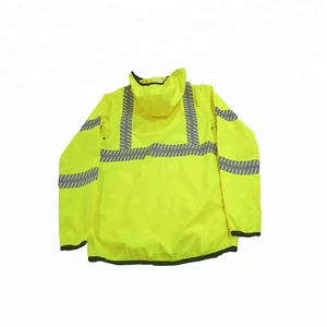 safety rain gear with segment silver reflective tape and  elastic cuff  have 2hand  pockets with zipper closure in bottom