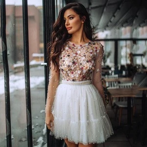 Sexy See Through Beaded Homecoming Dresses Long Sleeve Short Prom Dress 2019 Party Wear for Graduation Latest robe de soiree