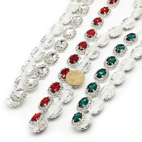Silver Plated Colorful Rhinestone Trimming Oval Glass Crystal Rhinestone Bridal Trimming Chain Wedding Trimming Wholesale