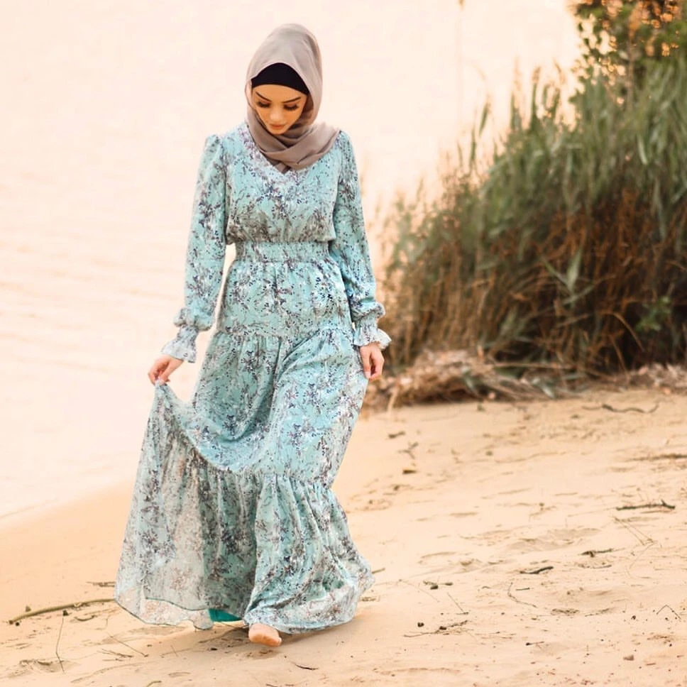 Slanna dubai islamic casual clothing floral printed  ruffle hem abaya muslim moroccan maxi african kaftan dresses