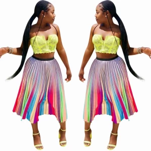 Stylish Pleated Stripe Print Sexy Skirt Bandage Waist Midi Skirt For Women