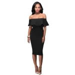 Summer Women Elegant Solid Bodycon Formal Dress Ladies Knee Length Off Shoulder Ruffle Party Dress