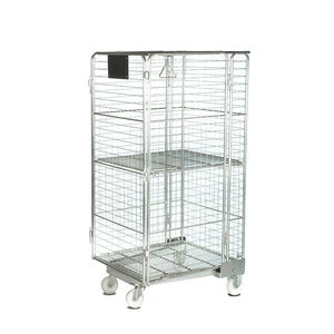 Supermarket 4 Sided Roll Cage foldable collapsible security nesting metal steel wire mesh cargo storage roll container