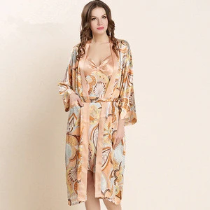 The new style in spring and summer 100% Mulberry silk satin fabric mature women sexy printing nightgown