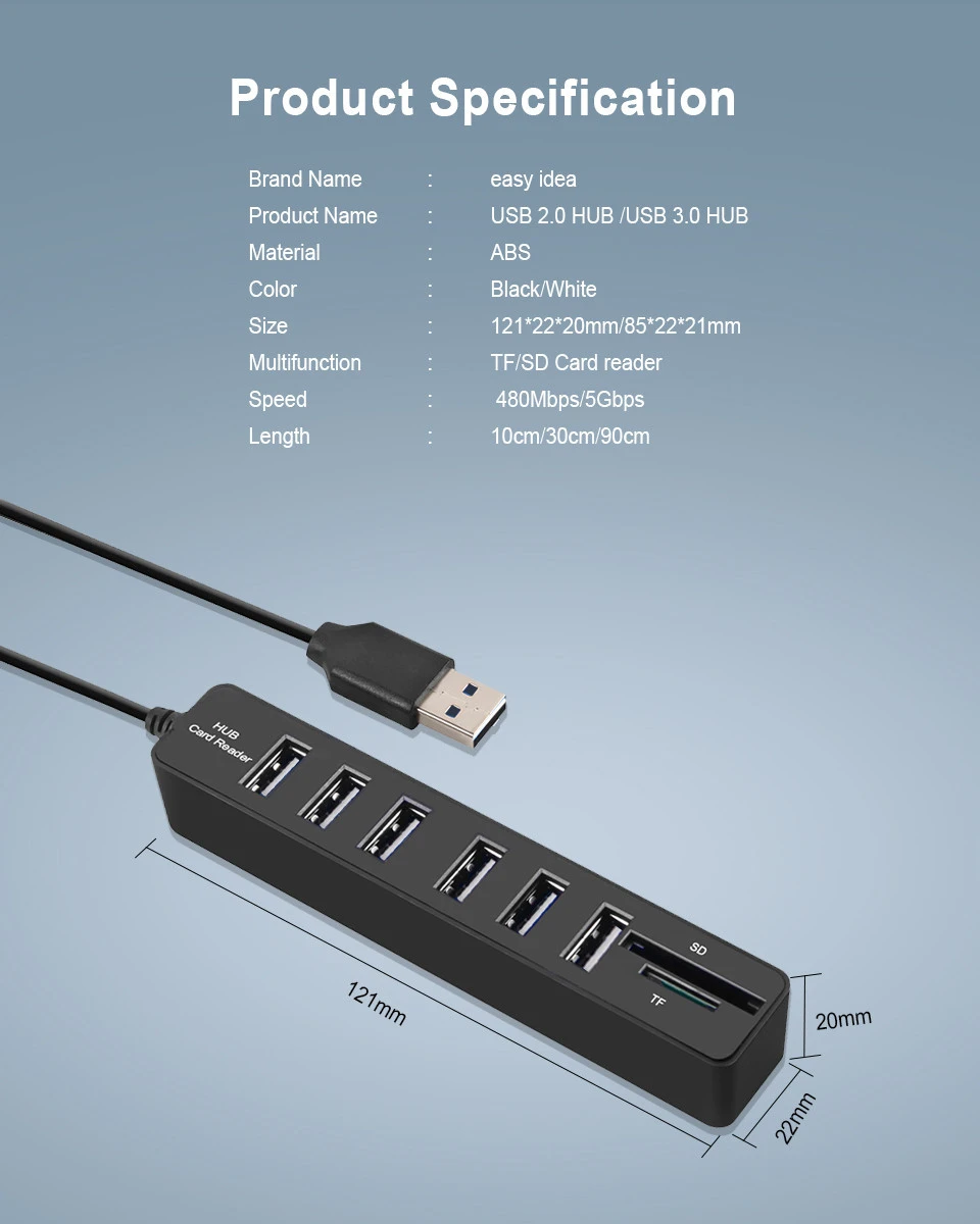USB Hub 2.0 High Speed 3/6 Port Hub Splitter Multi Power Adapter Hub 2.0 Hab TF SD Card Reader For PC Computer Accessories