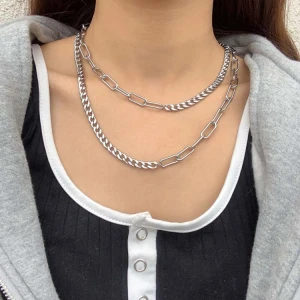 VRIUA New Contracted Simple Fashion Asymmetric Stainless Steel Double Layer Buckle Clavicle Chain Choker Female Jewelry Necklace