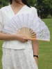 White Lace Folding Hand Fans Embroidered Flowers Pattern Handheld Fans for Costume Weddings Dancing Party DIY Bridal Hand Fan