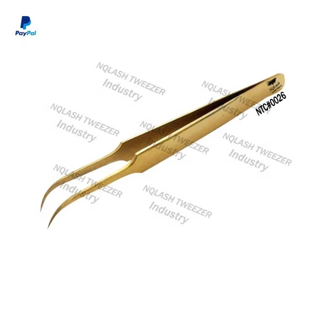 Whole Sales Price Titanium Gold Eyelash Tweezers / 1 Piece Eyelash Tweezers  Packing Box NQLASH