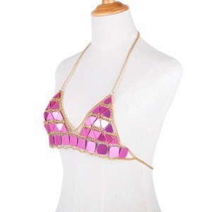 Wholesale Fashion Nightclub Acrylic Sequins Triangle Stitched Bikini Necklace Metal Bra Body Chains