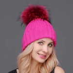 Wholesale large raccoon fur ball knit hat knit beanie cap winter hats with pom poms