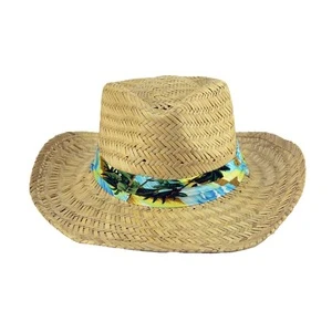 Wholesale SS20 Natural straw raffia rush grass wide brim crochet cowboy straw hat for men