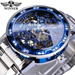 Winner Transparent Fashion Diamond Display  Gear Movement Retro Royal Design Men Mechanical Skeleton Wrist Watches