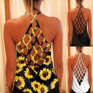 Women Summer Sexy Sunflower Crisscross Hollow Out Open Back Camisole