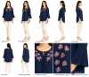 Dark Blue Floral Embroidered Bell Sleeve Top for Women