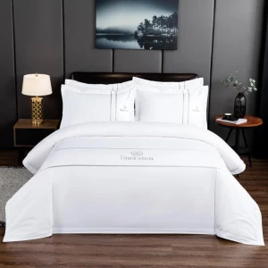 Hotel bedding set including one duvet, one flat bed sheet/fitted bed sheet and four pillowcases