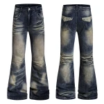 Handmade Distressed Cat's Whisker Flared Mid Denim Jeans for Men Women Rivet Decoration Designer Pants