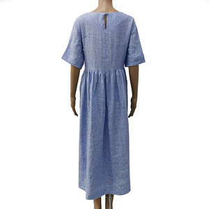 100% Washed Linen Short Sleeve Long Loose Pleat Pocket Casual Dresses Women Summer 2020 in Lt.Blue