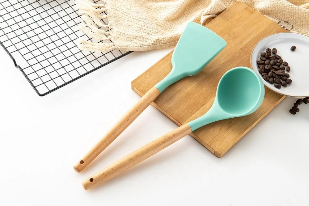 11Pcs Silicone Kitchen Utensils With Wooden Handle Silicone Green Kitchen Utensils turqouise cooking sets