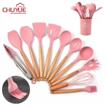 12 Pieces Silicone Cookware Set  With Wooden Handle Utensils Silicone Cooking Tools Silicone Kitchen Accessories