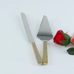 130g Heavy Metal Handle With Shining Silver Powder Decorated, Wedding Cake Knife & Server Set Top Grade Stainless Steel Cutlery
