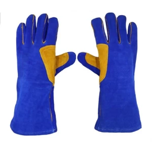 14 inch blue cow split leather yellow double palm welding Heat Fire Resistant animal handling  welder safety work lined gloves
