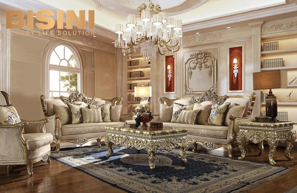 2020 New Design American Style Antique Living Room Solid Wood Full Hand Carved Furniture Sofa Set With Gold Leaf