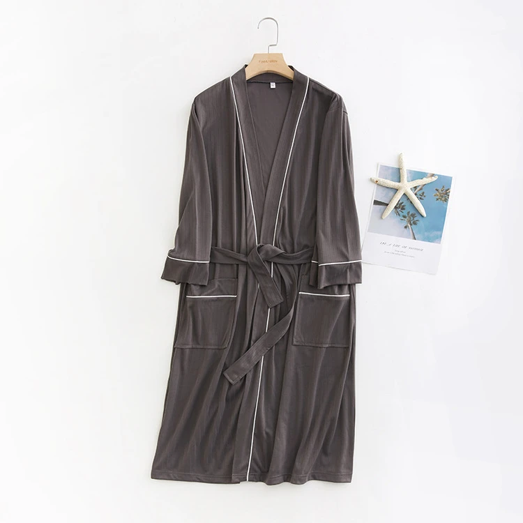 2021 spring and summer mid-length Japanese home casual couple nightgown hotel solid color long-sleeved bathrobe