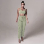 2021 Spring Hot Sale Solid Colors With Pockets and Belted Pants Casual Sweatpants Two Piece Pants Set