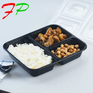 3 compartment disposable plastic bento lunch box with flat lid