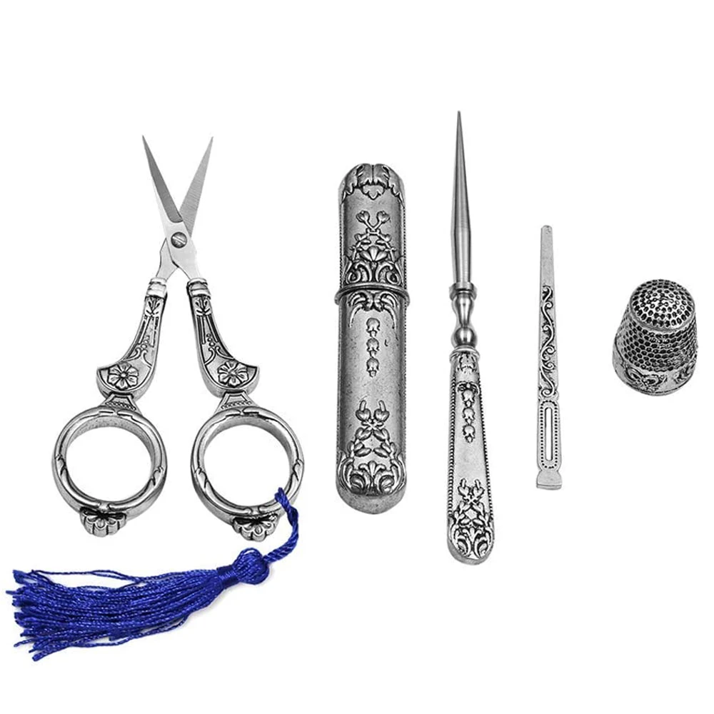 5Pcs Sewing Tool Kit Vintage Sewing Kit Sewing Embroidery Scissors &amp; Sewing Needle Case &amp; Awl for Sewing Craft Needlework